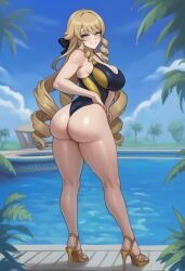 1girls ai_generated arikea ass ass_focus big_ass big_breasts blonde_hair blue_eyes blush blushing breasts cleavage curly_hair female female_only genshin_impact high_heels light-skinned_female long_hair looking_at_viewer looking_back navia_(genshin_impact) outdoors pool sandals seductive seductive_look seductive_smile smile smiling solo standing swimsuit thick_thighs viewed_from_behind