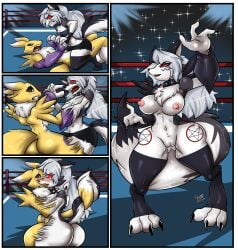 3_fingers 3_toes absurd_res angry anthro anus arm_spikes bandai_namco black_sclera blue_eyes blush bodily_fluids bottomwear breasts butt canid canid_demon canine claws clothed clothing collar comic crop_top crossover crowd crowd_watching demon digimon digimon_(species) digitigrade dipstick_ears dipstick_tail duo ear_markings eastern_and_western_character entwined_tails eyelashes facial_markings feet female female/female fight fighting_ring fingerless_gloves fingers fluffy fluffy_chest fluffy_tail frown fur fusion genitals gloves grappling grey_body grey_fur group growling hair hair_over_eye hand_holding handwear head_markings hellaverse hellhound helluva_boss hi_res hug hybrid kissing leg_markings leggings legwear long_ears long_hair long_tail looking_at_viewer loona_(helluva_boss) mammal markings merge_tf merging multicolored_body multicolored_ears multicolored_fur mythological_canine mythological_creature mythology navel nipples nude nude_anthro nude_female occult_symbol open_frown open_mouth open_smile pentagram pentagram_markings pink_nipples purple_clothing purple_gloves purple_handwear red_eyes renamon scared sharp_teeth shirt shocked shoulder_spikes skimpy skirt smile spiked_collar spikes spikes_(anatomy) story story_in_description surprised symbol tail tail_coil tail_markings tears teeth thigh_markings toe_claws toes toki_cat topwear torn_bottomwear torn_clothing torn_skirt transformation two_tone_body two_tone_fur vulva white_body white_fur white_hair wrestling yellow_body yellow_fur
