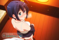 1girl ahoge ai_assisted ai_generated anime_screencap bare_legs black_hair blue_eyes depth_of_field dick_in_ass earrings from_behind hair_ornament heavy_breathing jewelry long_hair mature_female messy_hair necklace shirt_pulled_down short_hair skirt skirt_lifted sweaty takanashi_rikka warm_lighting white_top