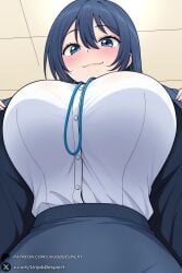 copyright:shachou_to_sake_to_hoshi character:izutsu_reina unjobdespiert ai_generated 1female looking_at_viewer curvy huge_breasts huge_ass big_breasts big_ass 1girls breasts 2026 artist_name watermark hi_res highres high_quality high_resolution patreon_username patreon 1girl from_below blue_eyes solo shirt office_lady looking_down id_card blush skirt lanyard blue_hair white_shirt smile jacket ceiling shirt_tucked_in closed_mouth long_hair bangs open_clothes blue_jacket hair_between_eyes indoors :3 large_breasts black_hair pencil_skirt
