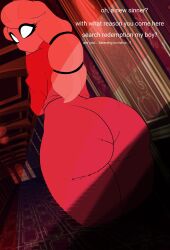 1girls ass big_ass blonde_hair charlie_morningstar_(hazbin_hotel) clothing creepy demon_girl english_text from_behind hazbin_hotel honklion huge_ass indoors looking_at_viewer looking_back ponytail red_clothing shirt solo standing tagme