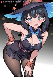 1girl takarada_rikka hat witch_hat solo breasts black_hair pantyhose cleavage dress blue_eyes long_hair looking_at_viewer open_mouth leaning_forward black_dress blush bangs sweat bare_shoulders witch smile belt halloween black_pantyhose hand_on_hip star_(symbol) medium_breasts _ artmochiia ai_generated gridman_universe ssss.gridman voluptuous voluptuous_female anime fanart curvaceous curvaceous_female curvaceous_figure curvy curvy_figure female female_focus uncensored