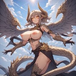 (titancore) ai_generated beautiful beautiful_girl curvy_figure dragon dragon_girl dragon_horns dragon_humanoid dragon_tail dragon_wings female flying_wyvern girl monster_girl my_lady revealing_clothes scalie_female sky