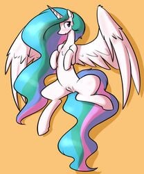 2017 alicorn anus clitoris equine feathered_wings feathers female feral friendship_is_magic fur hair horn looking_at_viewer mammal multicolored_hair multicolored_tail my_little_pony orange_background princess princess_celestia_(mlp) purple_eyes pussy royalty simple_background smile solo spread_wings whatsapokemon white_fur wings