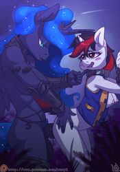 <3_eyes 1futa 1girls 2017 alicorn ambiguous_penetration anthro anthrofied areola atryl balls blackjack_(fallout_equestria) blue_eyes blue_hair bottomless breasts clothed clothing collar colored_nails dickgirl dickgirl_penetrating duo equine fallout_equestria fan_character female friendship_is_magic from_behind_position furry futa_on_female futanari hair half-closed_eyes heart hi_res horn intersex intersex/female intersex_penetrating looking_back mammal multicolored_hair my_little_pony nipples open_mouth patreon penetration penis princess_luna_(mlp) sex two_tone_hair unicorn vest wings