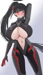 1girl arm_behind_head arm_up artist_request black_bodysuit black_hair blue_archive blunt_bangs blush bodysuit breasts bright_pupils cleavage gradient_background hair_ornament high_ponytail huge_breasts lips long_hair navel open_bodysuit open_clothes ponytail red_eyes ringed_eyes rio_(armed)_(blue_archive) rio_(blue_archive) solo standing sweat white_pupils wiraonnu