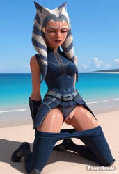 solo alien orange_skin clothing_aside pussy tentacle_hair beach breasts colored_skin looking_at_viewer outdoors blue_eyes uncensored wet clothes_pull kneeling blue_sky pants day lips underwear artist_name pants_pull panties gloves sky medium_breasts ocean lustboxai hi_res ai_generated ahsoka_tano jedi star_wars clone_wars togruta humanoid montrals face_markings markings lucasfilm star_wars_rebels 1girls female