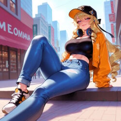 1girl clothing female blonde_hair hat long_hair breasts open_jacket drill_sidelocks navia_(genshin_impact) pants blue_eyes denim crop_top headphones jacket open_clothes solo drill_hair midriff shoes looking_at_viewer outdoors footwear jeans sneakers large_breasts torn_pants knee_up smile black_headwear baseball_cap orange_jacket alternate_costume sitting long_sleeves navel day headphones_around_neck sidelocks shirt building torn_clothes parted_lips thighs black_shirt city very_long_hair contemporary grin white_footwear hair_between_eyes blush jewelry cropped_jacket road stomach street casual arm_support sky lips blue_pants foot_out_of_frame earrings on_ground 1girls ai_generated voluptuous_female voluptuous curvaceous curvaceous_figure curvaceous_female curvy curvy_figure female_focus balecxi genshin_impact mihoyo hoyoverse