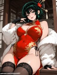 1girl ai_generated alternate_costume arlequin097 arm_support bare_shoulders black_gloves black_hair black_thighhighs blush breasts china_dress chinese_clothes cleavage cleavage_cutout clothing_cutout coat covered_navel dress earrings fingerless_gloves floral_print flower fubuki_(one-punch_man) fur_coat gloves gold_trim green_eyes green_hair hair_flower hair_ornament hair_stick hand_up highleg jewelry large_breasts looking_at_viewer off_shoulder one-punch_man open_mouth panties panty_straps pelvic_curtain red_dress red_flower short_hair side-tie_panties side_slit sitting sleeveless sleeveless_dress smile solo thick_thighs thighhighs thighs underwear white_coat