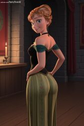 spicytoonai ai_generated patreon seductive sexy uncensored watermark hi_res high_quality high_resolution anna_(frozen) disney 1girl braid dress solo hair_bun blue_eyes smile breasts blonde_hair looking_back bare_shoulders patreon_username looking_at_viewer railing web_address indoors stairs see-through