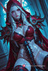 sylvanas_windrunner wow world_of_warcraft pale_skin facial_markings red_eyes white_hair looking_at_viewer bra cleavage boobs large_breasts slender_waist slender_body slim_waist slim wide_hips thick_thighs high_heels dildo spiked_dildo penis_between_thighs wet wet_body portrait solo female female_only elf elf_ears bottomless naked ai_generated