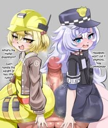 1boy 2girls :3 ass black_skirt blonde_hair blue_eyes blush bodysuit bratty breasts brown_jacket bulletproof_vest buttjob buttjob_over_clothes censored checkered_clothes checkered_hat clothed_female_nude_male commander_(nikke) commission cooperative_buttjob covered_navel ecchitrail english_text fang ffm_threesome from_side goddess_of_victory:_nikke grey_background hair_between_eyes hair_bobbles hard_hat hat helmet huge_ass huge_penis jacket liter_(nikke) long_hair long_sleeves looking_at_viewer messy_hair mesugaki motion_lines multiple_girls navel open_clothes open_jacket open_mouth peaked_cap pencil_skirt penis poli_(nikke) police_badge police_hat police_uniform policewoman precum purple_hair short_hair short_sleeves shoulder_armor simple_background single_hair_intake sitting sitting_on_person skin_tight skirt small_breasts smirk smug steam teasing thick_eyebrows thigh_strap threesome very_long_hair walkie-talkie yellow_bodysuit yellow_eyes yellow_helmet