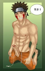 1boy abs barefoot boner brown_hair closed_eyes cum cumdrip erection feet gnin gninrom grin human inuzuka_kiba kneeling male male_only muscle naruto open_pants shirtless smile solo text yaoi