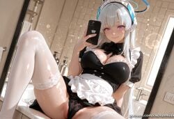 noa_(blue_archive) blue_archive ai_generated kermixx 1girl solo long_hair breasts looking_at_viewer blush smile bangs large_breasts thighhighs dress holding cleavage sitting closed_mouth underwear purple_eyes panties white_hair short_sleeves puffy_sleeves indoors spread_legs apron black_dress white_thighhighs puffy_short_sleeves shiny_skin maid maid_headdress black_panties halo phone cellphone waist_apron lace_trim white_apron reflection holding_phone mirror selfie bathroom