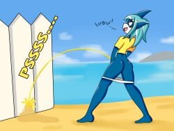 1girls barefoot beach daceking furry original original_character panties_down peeing peeing_on_fence shark_girl shirt_only standing_pee