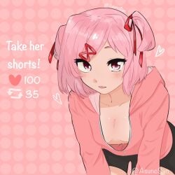 1girl artist_name asuno-san bent_over bike_shorts black_shorts blush bob_cut breasts cleavage collarbone commentary cowboy_shot doki_doki_literature_club downblouse english_commentary english_text eyelashes hair_ornament hair_over_one_eye hair_ribbon heart highres hood hood_down hoodie leaning_forward like_and_retweet looking_at_viewer natsuki_(doki_doki_literature_club) no_bra no_shirt pink_background pink_eyes pink_hair pink_hoodie polka_dot polka_dot_background red_ribbon ribbon short_hair shorts skindentation small_breasts solo swept_bangs teasing twitter_strip_game twitter_username two_side_up upturned_eyes v_arms x_hair_ornament ddlc team_salvato serenity_forge