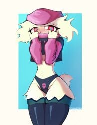 1girl absurdres animal_nose artist_name black_panties black_sweater black_thighhighs blue_background blue_pupils blush body_fur border cat_girl covering_own_mouth cowboy_shot cropped_sweater cute embarrassed embarrassed_female female_focus furry furry_female green_fur green_hair groin half-closed_eyes highres hood hood_up hooded_sweater hoodie kneesocks looking_at_viewer mask meowscarada messy_hair narrow_waist navel nintendo no_mask no_pants noconcession nose_blush outside_border paggi_outfit panties pokemon pokemon_(creature) print_panties purple_sleeves raglan_sleeves raised_eyebrows red_eyes shiny_clothes short_hair short_tail shy signature simple_background skull_print solo standing stomach sweat sweater tail thick_thighs thighhighs thighs two-tone_fur underwear white_border wide_hips