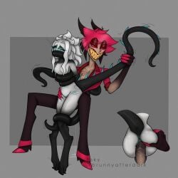 ahegao alastor_(hazbin_hotel) belly_bulge big_penis bite_mark bondage brunnyafterdark claws hazbin_hotel mouth_gag oc oc_x_canon size_difference tail tail_pull viewed_from_behind