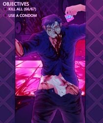 1boy big_penis bileshroom blood_on_face blood_splatter blood_stain bulge bulge_through_clothing bulge_under_clothes condom erection erection_under_clothes erection_under_clothing masked masked_male party_hard penis