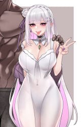 1boy 1girl absurdres ass_visible_through_thighs black_choker blacked_female blush braid breasts choker cleavage collar collarbone colored_inner_hair crown_braid dark-skinned_male dark_skin detached_collar dogs_(dlrkdejr26) dress earrings emilia_(re:zero) fingernails flower grey_background hair_flower hair_ornament hair_ribbon hairclip hand_on_another's_shoulder head_out_of_frame heart heart_in_eye hetero highres interracial jewelry large_breasts large_variant_set long_hair looking_at_viewer multicolored_hair nail_polish navel_piercing open_mouth piercing pink_eyes pink_hair pointy_ears purple_nails purple_ribbon race_fetishism re:zero_kara_hajimeru_isekai_seikatsu ribbon rose see-through_clothes see-through_dress smile spade_(shape) spade_piercing sweatdrop symbol_in_eye teeth tongue tongue_out tongue_piercing two-tone_hair upper_teeth_only v variant_set very_long_hair white_background white_collar white_dress white_flower white_hair white_rose