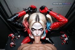 1girl action_figure action_pose ai_assisted ai_generated back_against_wall balls_deep black_hair black_lips blue_eyes dc_comics deep deepthroat dominated face_fuck facing_viewer full_body hair_ornament hands_tied_above_head harley_quinn high_quality highres looking_at_viewer petite_body plain_background pov quinn ripped_clothes short_hair sitting_on_knees skinny small_breasts small_tits smirk standing tiny_tits toy young