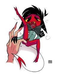 black_hair bodily_fluids bottomless bow_tie breath clothed clothing demon drooling duo female female/female fingering genital_fluids hair hellaverse helluva_boss horn imp open_mouth partially_clothed penetration pubes red_body saliva sharp_teeth size_difference spec_almond spec_almond_(artist) spread_legs spreading sweat teeth tongue tongue_out vaginal vaginal_fingering vaginal_fluids