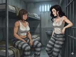 2girls ai_edit ai_generated asami_sato avatar_legends bars bed big_boobs big_breasts black_and_white_stripes black_hair blue_eyes boobs breasts brown_hair bunk_bed cell cellmates chest cramped dirty_clothing edit edited female female_focus female_only feminine_body gemini green_eyes imprisoned imprisonment incarceration indoors inmate inmates inmates_clothing jail jail_cell korra large_breasts leaning_back long_hair looking_at_viewer muscular muscular_female pants pillow prison prison_cell prison_clothes prison_uniform prisoner short_hair sink sitting sitting_on_bed small_space smile smiling smiling_at_partner smiling_at_viewer standing sweat sweatdrop sweating sweatpants sweaty sweaty_body sweaty_breasts sweaty_clothes tan tan_body tan_skin tank_top the_legend_of_korra toilet topwear torn_clothes torn_clothing torn_topwear uniform white_body white_skin white_tank_top white_topwear wide_hips