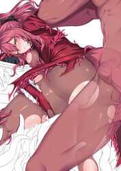 1boy ass clenched_teeth female from_behind highres original pantyhose partially_colored pink_hair pussy rape red_eyes restrained ruuku_(azukieru) see-through teeth tentacle tentacle_rape torn_clothes torn_pantyhose twintails wince