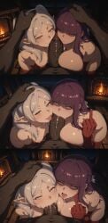 frieren_beyond_journey's_end frieren fern_(sousou_no_frieren) ffm_threesome 2girls 1boy fellatio penis huge_breasts small_breasts grey_hair purple_hair long_hair twintails petite group group_sex cooperative_paizuri disgusted ahe_gao rolling_eyes naughty_face night dark-skinned_male interracial ntr netorare cheating cum cum_in_mouth cum_on_face cum_on_tongue licking_penis blaiddy ai_generated pov headpat red_thighhighs thighhighs elbow_gloves red_elbow_gloves nude sex hot