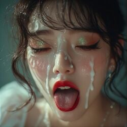 after_blowjob after_fellatio ai_assisted ai_generated bangs black_hair blowjob blowjob_face blowjob_only blush blushing cum_on_face eyes_closed eyeshadow glitter mouth_open pale_skinned_female red_lips red_lipstick shimmering shimmering_eyes slutty_female styled_hair textless tongue_out white_dress