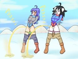 daceking 2girls anthro furry peeing original snow winter peeing_on_ground outdoor_pee standing_pee blue_hair