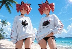 kasane_teto vocaloid ai_generated kermixx looking_at_viewer blush smile short_hair bangs multiple_girls shirt red_eyes thighhighs long_sleeves 2girls animal_ears twintails standing swimsuit ahoge bikini red_hair cowboy_shot outdoors sky choker day cloud cat_ears water clothes_lift grin sweater tree blue_sky wet hand_on_hip sleeves_past_wrists fake_animal_ears black_bikini side-tie_bikini_bottom ocean ass_visible_through_thighs black_choker beach drill_hair sunlight animal_print twin_drills lens_flare dual_persona palm_tree sun white_sweater bikini_bottom_only