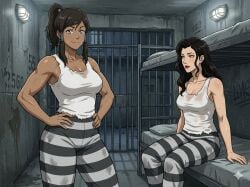 2girls ai_edit ai_generated asami_sato avatar_legends bars bed big_boobs big_breasts black_and_white_stripes black_hair blue_eyes boobs breasts brown_hair bunk_bed cell cellmates chest dirty_clothing edit edited female female_focus female_only feminine_body gemini green_eyes hands_on_hips imprisoned imprisonment incarceration indoors inmate inmates inmates_clothing jail jail_cell korra lamp large_breasts long_hair looking_at_viewer muscular muscular_female pants pigtails pillow ponytail prison prison_cell prison_clothes prison_uniform prisoner sitting sitting_on_bed smile smiling smiling_at_partner smiling_at_viewer standing steel_toilet sweat sweatdrop sweating sweatpants sweaty sweaty_body sweaty_breasts sweaty_clothes tan tan_body tan_skin tank_top the_legend_of_korra toilet topwear torn_clothes torn_clothing uniform white_body white_skin white_tank_top white_topwear wide_hips worn_out