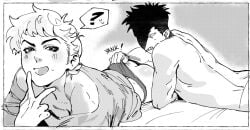 2boys ? ace_of_diamond angry ass babeyxiao blush clothing_aside gay gay_male greyscale isa_(babeyxiao) kuramochi_youichi looking_at_another lying male_focus male_underwear male_underwear_aside monochrome multiple_boys narumiya_mei on_stomach open_mouth pulling_another's_clothes short_hair spoken_question_mark teeth underwear v yaoi