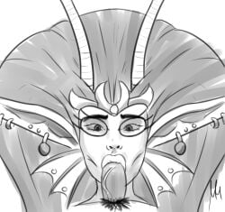1girls alien alien_girl artist_signature big_hair blowjob crossed_eyes ear_piercing fellatio female_focus homestuck homestuck_troll horns jewelry lips m_m male/female monochrome penis pov pov_blowjob pubic_hair source_request the_condesce tiara
