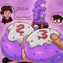 anthro big_butt big_penis birthday blush bodily_fluids brown_hair bunnita_(spicysierra) butt eyewear female frosting genital_fluids genitals glasses goo_creature group hair heart_symbol hi_res hot_dogging human lagomorph leporid lipstick makeup male male/female mammal penis precum purple_body purple_hair rabbit red_eyes sex sharp_teeth sierra_(spicysierra) spicysierra sprinkles teeth trio vein veiny_penis