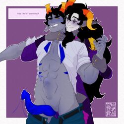 anal black_hair blush blushing claws clothes_on clown clown_makeup curly_hair facepaint fangs forced gold_jewelry grub_scars hiveswap homestuck homestuck_troll horns jewelry long_hair male male/male male_only male_penetrating marvus_xoloto messy_hair muscular_male nails painted_nails pants_down pointed pointed_ears rings sharp_teeth stomach_bulge tentabulge tentacle troll tummy_bulge veginal yellow_eyes zebruh_codakk zestyskele