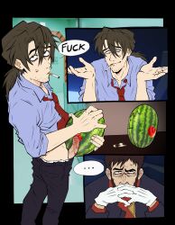 bara cigarette clothed dick_out_of_pants dork_nokia ejaculation erection funny gendo_ikari inanimate_object neon_genesis_evangelion only_male partially_clothed ryoji_kaji watermelon