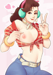 1girls alternate_costume alternate_hairstyle belt blizzard_entertainment bracelet breasts brown_eyes brown_hair costume cruiser_d.va d.va earrings female female_only headphones highres human jewelry long_hair midriff nail_polish navel nipples overwatch pants ponytail sassquatch scarf solo standing tank_top tongue tongue_out v