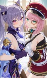 2girls breast press breasts female only large side boob symmetrical keqing_(genshin_impact) charlotte_(genshin_impact) ai_generated genshin_impact