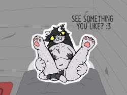 accessory bedroom black_hair covered_nipples covered_vulva detailed_background dialogue dimsun duct_tape felid feline freckles fur furry grey_body grey_fur hair hair_accessory mammal pawpads rossie_(dimsun) slightly_chubby surgical_suture tape teasing teasing_viewer