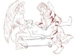 2014 4_toes 5_fingers 5_toes about abs alex_dowski anal anal_penetration ankle_tuft anthro anthro_penetrating anthro_penetrating_human arcanine areola arm_tuft athletic athletic_anthro athletic_human athletic_male bandai_namco biped body_hair canid canine cheek_tuft claws delicatessen digimon digimon_(species) digiphilia digitigrade dominant dominant_anthro dominant_digimon dominant_male dominant_pokemon dragon elbow_tuft erection eyes_closed face_fucking facial_tuft fainting_couch fangs feathered_wings feathers feet fellatio finger_claws fingers flamedramon fluffy fluffy_tail fur furniture generation_1_pokemon genitals glans group group_sex hair hand_on_head hand_on_hip hand_on_partner hand_on_partner's_head hand_on_partner's_leg hand_on_partner's_thigh hand_on_penis happy happy_trail horn human human_on_anthro human_penetrated humanoid_feet interspecies irrumatio kneeling kneeling_on_sofa kyros_(dowski) leg_grab leg_tattoo leg_tuft legs_up line_art looking_at_another looking_at_partner looking_pleasured lying male male/male mammal mane masturbating_while_penetrated masturbation monochrome mythological_creature mythological_scalie mythology narrowed_eyes neck_tuft neo_(dowski) nintendo nipples nude nude_anthro nude_human nude_male on_back on_furniture on_side on_sofa open_mouth oral oral_penetration paws pecs penetration penile penile_masturbation penis penis_grab penis_in_mouth plantigrade pokemon pokemon_(species) pokephilia pubes scalie serratus sex sharp_teeth signature simple_background smile sofa spikes spikes_(anatomy) spitroast standing striped_body striped_fur stripes submissive submissive_human submissive_male tail tattoo teeth thick_tail thigh_grab thigh_tattoo toe_claws toes tongue tongue_out trio tuft white_background wings