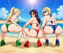 ai ai_art ai_generated android_18 beach big_ass big_butt bikini collaboration crossover dragon_ball dragon_ball_z high_heels misato_katsuragi naruto naruto_(series) neon_genesis_evangelion round_ass round_butt sun sunglasses tinted_eyewear tsunade water wedge_heels