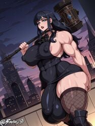 self_upload bonfen291 ai_generated 1girl solo long_hair breasts looking_at_viewer open_mouth blue_eyes large_breasts black_hair dress thighhighs holding bare_shoulders weapon thighs boots sky penis choker artist_name black_thighhighs cloud holding_weapon black_dress covered_nipples ascot muscular covered_navel sideboob night thick_thighs erection testicles fishnets areola_slip bulge futanari muscular_female fishnet_thighhighs over_shoulder hammer huge_penis biceps weapon_over_shoulder covered_abs covered_penis square_enix final_fantasy final_fantasy_xiv gaia_(ffxiv)