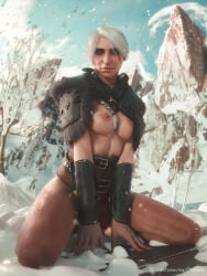 1girls 3d braid breasts cd_projekt_red ceeeeekc ciri female female_only freckles freckles_on_face green_eyes kovir light-skinned_female light_skin mascara nipples no_panties outdoors scar sketch_page snow solo solo_female tattoo the_witcher_(series) the_witcher_4 white_hair