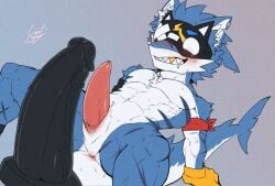 abs animal_genitalia anthro anus aquatic armband artist_name athletic athletic_anthro athletic_male black_armband blue_body blush bodily_fluids butt clothing digital_media_(artwork) dildo drooling ear_piercing earlgrey0214 erection fin fin_piercing fish furgonomic_piercing furgonomics genital_slit genitals gills gloves gold_(metal) gold_tooth handwear hi_res looking_at_dildo looking_at_object looking_at_sex_toy male male_anthro mask mostly_nude mostly_nude_anthro mostly_nude_male navel pecs penis piercing red_armband red_penis saliva same-kun_(haco85_774) scar sex_toy shark sharp_teeth signature sitting slit_penis solo sweat tail tail_fin tapering_penis teeth text urethra vein veiny_penis wearing_mask white_body yellow_clothing yellow_gloves yellow_handwear