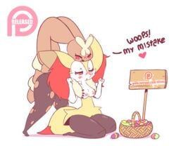 2girls adorable animal_ears animated anthro apologizing basket bent_over braixen breast_grab breast_squeeze breasts canine diives easter egg female female_only fox from_behind furry groping holidays interspecies kneeling lopunny massage mega_lopunny moan moaning nintendo patreon pokémon_(species) pokemon pokemon_(species) pokemon_dppt pokemon_oras pokemon_xy rabbit sign simple_background standing text there_will_be_blood_shed_the_man_in_the_mirror_nods_his_head thick_thighs video_games wholesome yuri