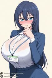 1girl breasts office_lady blue_eyes solo shirt id_card long_hair blush blue_hair huge_breasts bra_visible_through_clothes skirt lanyard white_shirt see-through looking_at_viewer jacket blue_jacket shirt_tucked_in collared_shirt simple_background underwear bra formal closed_mouth suit hand_on_own_chin bangs copyright:shachou_to_sake_to_hoshi character:izutsu_reina unjobdespiert ai_generated 1female curvy huge_ass big_breasts big_ass 1girls 2026 artist_name watermark hi_res highres high_quality high_resolution patreon_username patreon