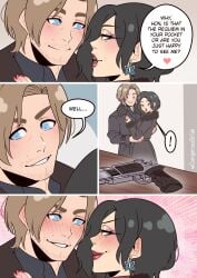 1boy 1girls ada_wong black_hair blue_eyes blush brown_eyes brown_hair capcom dangerousbride dialogue earrings english_text eye_contact female funny heavy_blush leon_scott_kennedy male mature mature_female mature_male narrowed_eyes red_lipstick resident_evil resident_evil_9:_requiem speech_bubble very_high_resolution wholesome