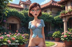 solo underwear breasts outdoors short_hair panties brown_hair panty_pull pussy glasses green_eyes navel hair_ornament day plant flower open_mouth round_eyewear web_address potted_plant artist_name hairclip looking_at_viewer medium_breasts short_sleeves cowboy_shot white_panties uncensored collarbone standing shirt sky watermark pink_flower house bow swept_bangs bow_panties cleavage progenarts hi_res ai_generated linda_gunderson 20th_century_fox 20th_century_studios blue_sky_studios rio_(series) 1girls female